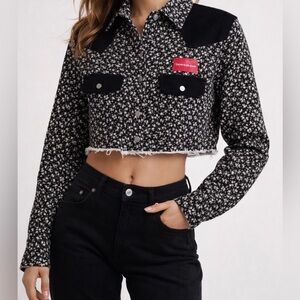 Calvin Klein Cropped Floral Denim Jacket Black White Size S